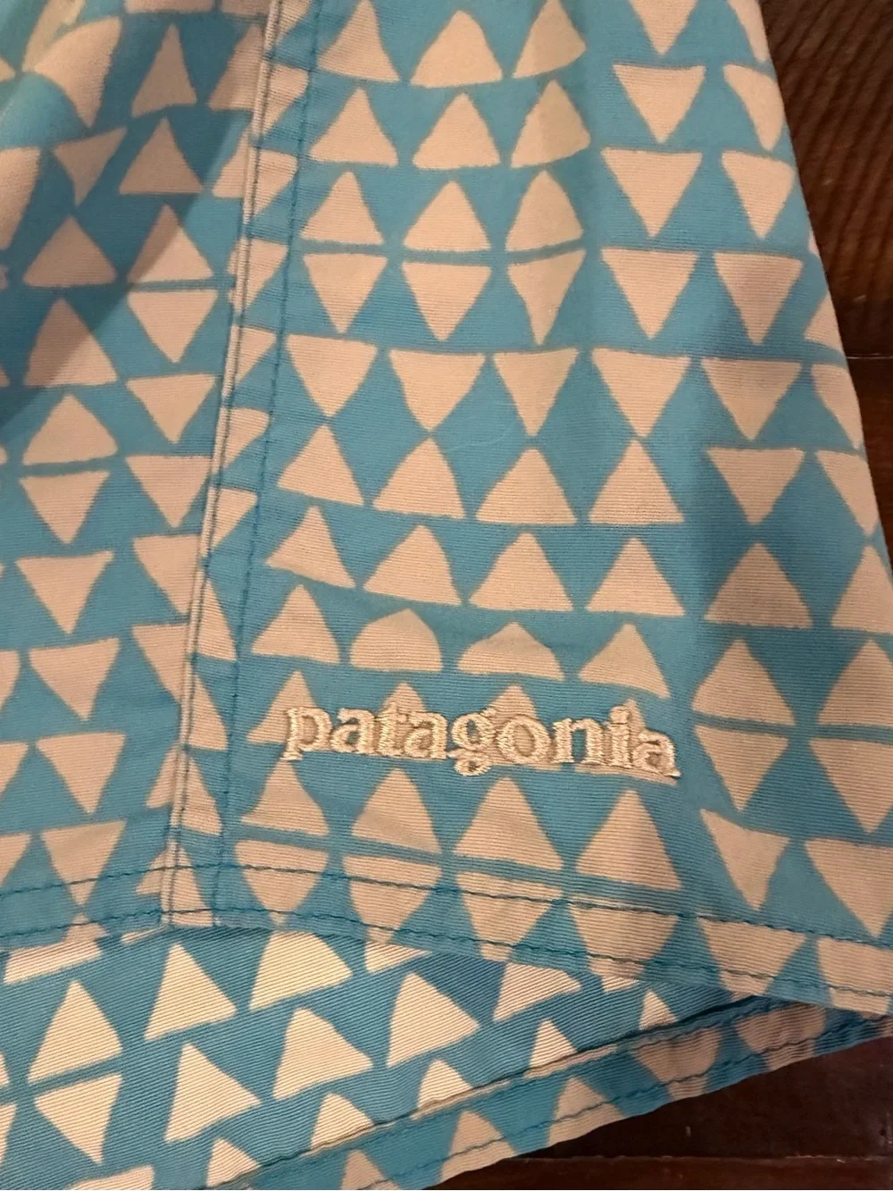 Patagonia Light Blue & White Geometric Board Shorts size 36